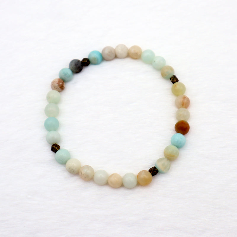 multicoloured  mostly light blue like the ocean amazonite gemstone bead bracelet with small brass spacers