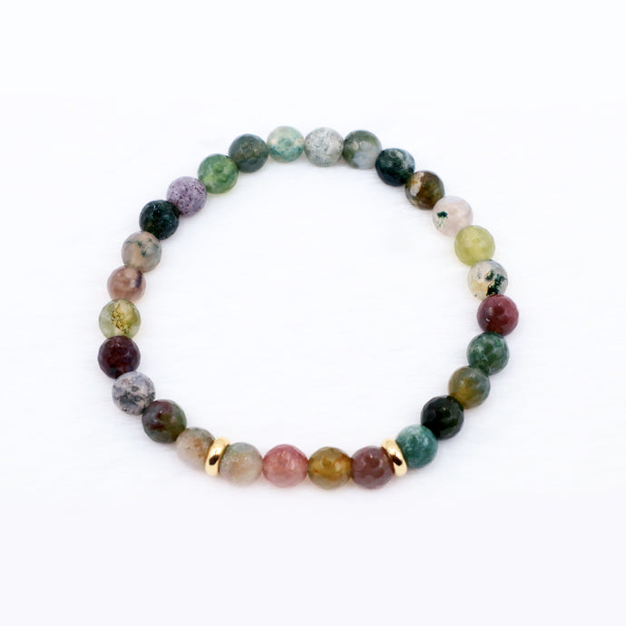 Multi earthy coloured fancy jasper gemstone bead bracelet with gold spacers