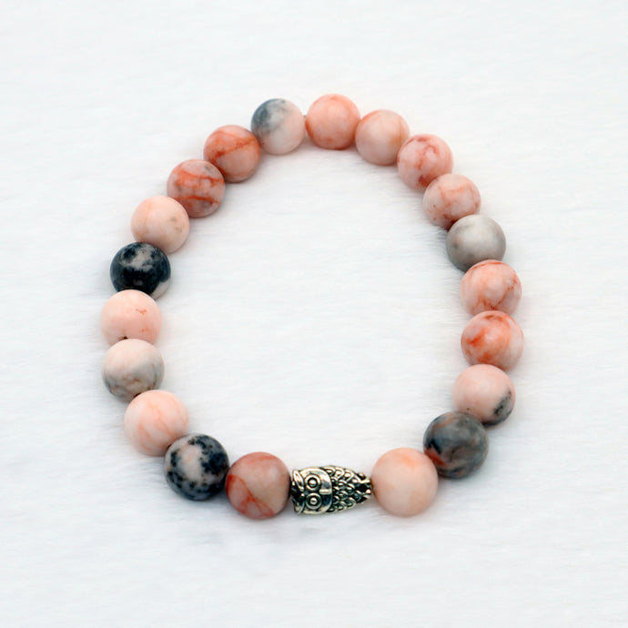 Circle bracelet with black, white and pink zebra jasper gemstone beads with silver owl charm