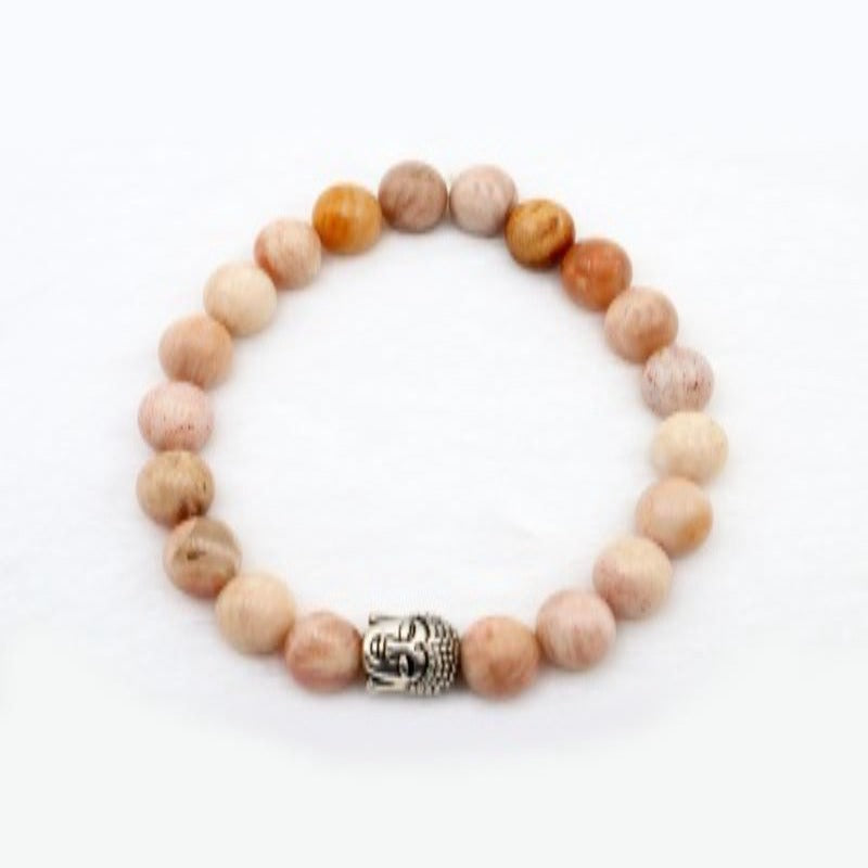 Circle bracelet with sun coloured and pinkish brown sunstone gemstone beads with silver buddha head 